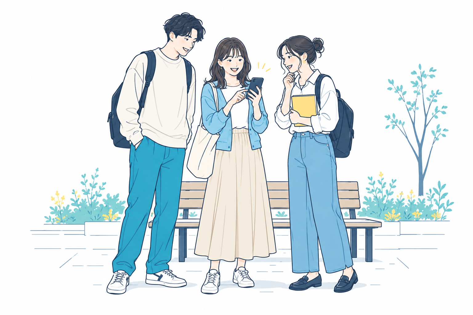 キャンパスでスマートフォンを見ながら話す大学生たちのイラスト