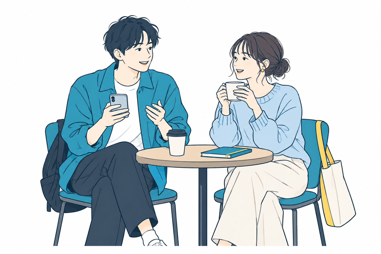 空きコマにカフェで話す大学生ふたりのイラスト